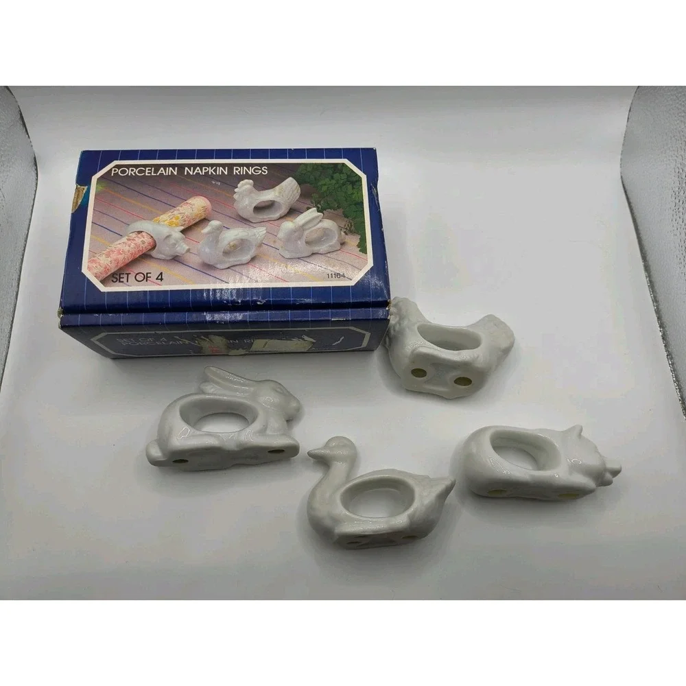 VTG Porcelain Napkin Rings 1984 Bunny Pig Duck Chicken Farm In Original Box
